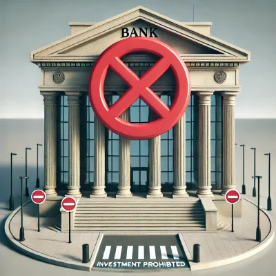 DALL·E 2024 09 07 00.37.13 A symbolic image of a large modern bank building with a prominent red prohibition symbol a circle with a diagonal line over the entrance representi